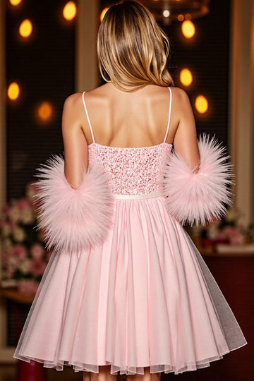 Sparkly Blush Corset Short Prom Dress With Feathers